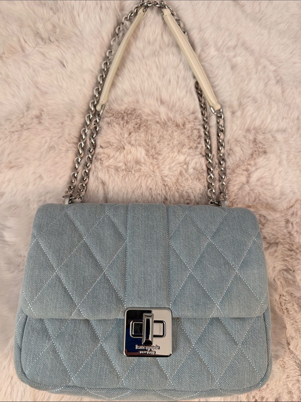 kate spade Quilted Light Blue Denim Shoulder Bag with Silver Chain